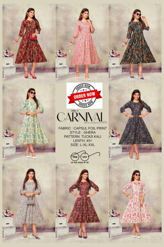 Carnival Vol 1 By Trendy Rayon Printed Anarkali Kurtis Wholesale Market In Surat
